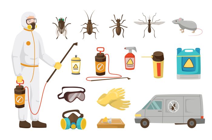 Pest control service worker for kids vector illustrations set